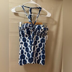 Skye Women’s Halter Tankini Swim Top Small | Blue White Ikat Print NWT